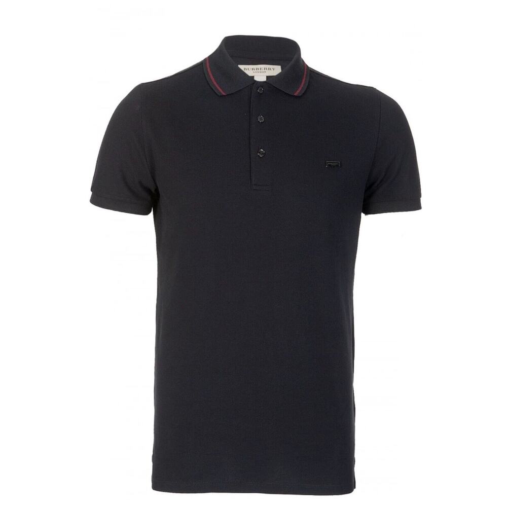 Burberry Chest Logo Atkins Black Pique Cotton Polo Shirt Dry Cleaned Slim Fit LG